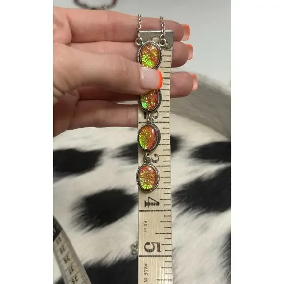 Native American Sterling Silver Pink Fire Opal 4 Stone Lariat Dangle Necklace - Picture 9 of 9